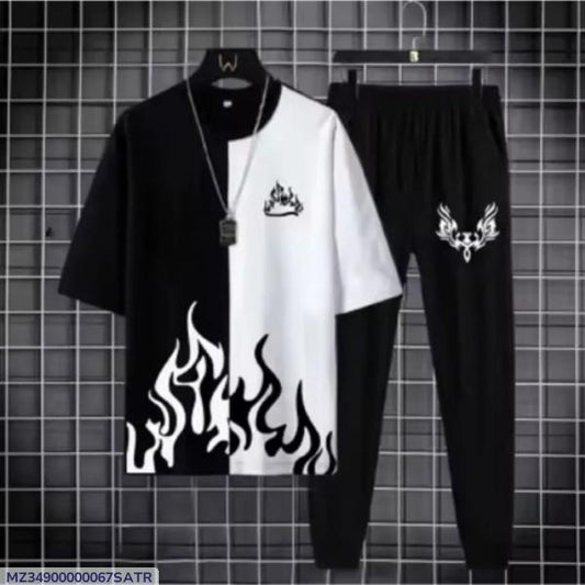 🔥 Premium Black & White Flame Print Co-Ord Set | Stylish Streetwear Outfit 👕👖