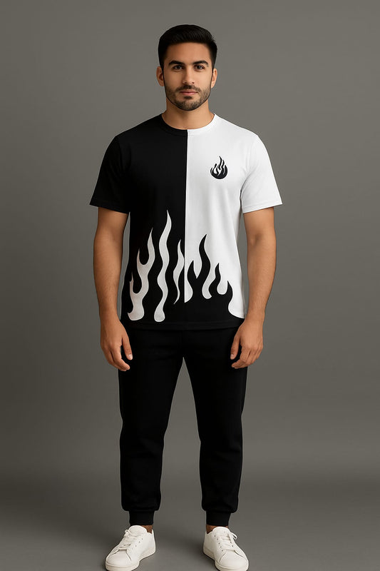 🔥 Premium Black & White Flame Print Co-Ord Set | Stylish Streetwear Outfit 👕👖